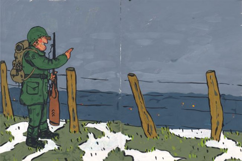 MARIANO RONCESVALLES EN LA MUGA - Gouache sobre papel. 27X20