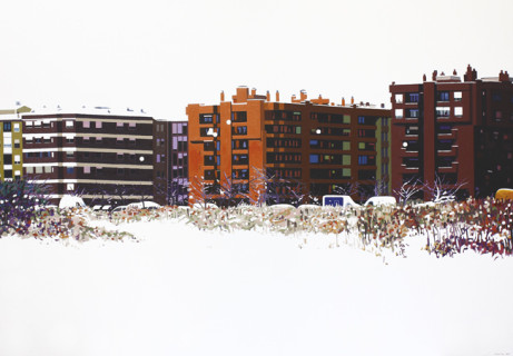 Casas rojas y nieve - Óleo sobre lienzo. 114-162 cm