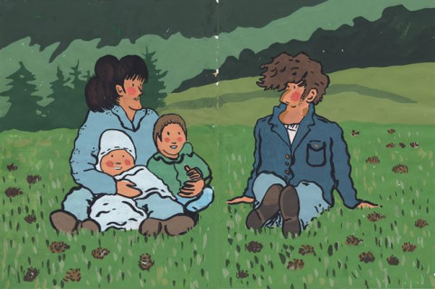 DOMINGO EN EL CAMPO - Gouache sobre papel. 27X20