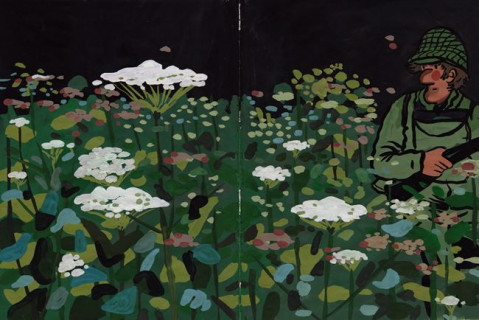 MARIANO RONCESVALLES ENTRE MILFLORES - Gouache sobre papel. 27X20