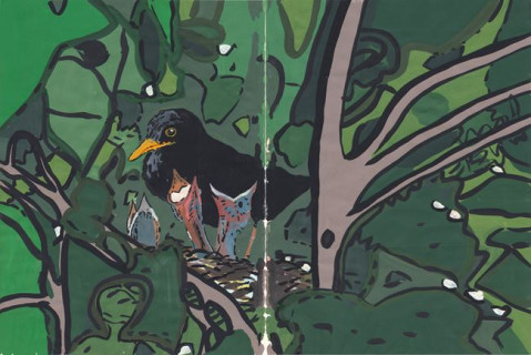 NIDO DE TORDOS - Gouache sobre papel. 27X20