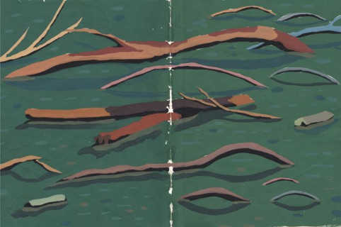 TRONCOS EN EL RIO - Gouache sobre papel. 27X20